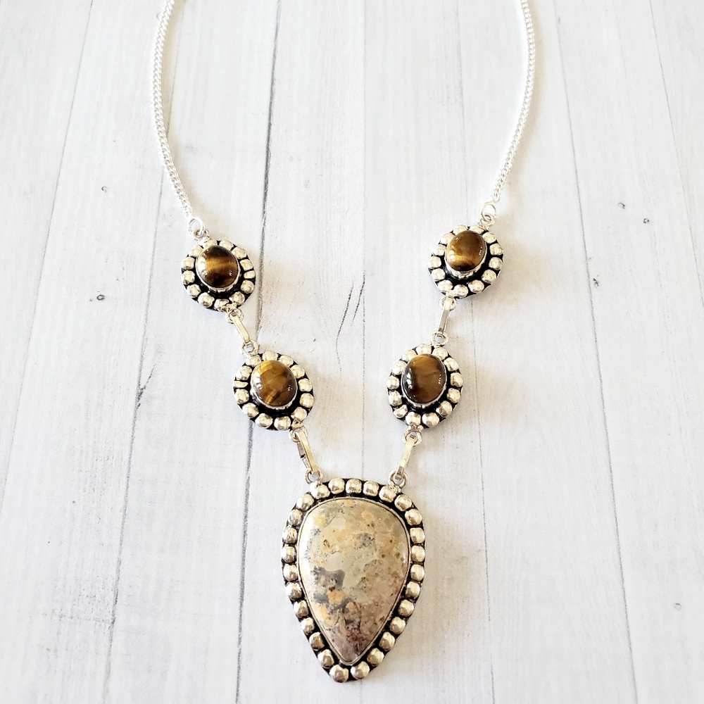 Dramatic Jasper & Tigers Eye  Silver Necklace NWOT